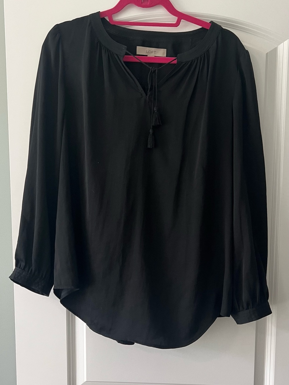 LOFT Black Long-Sleeve Tassel Peasant Top